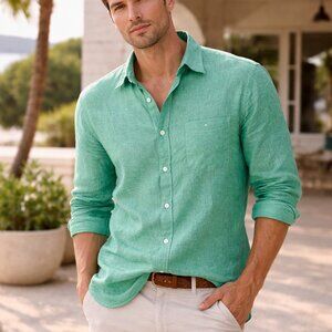 GILLIO Men’s 100% Linen Shirt Turquoise Size M Button Front